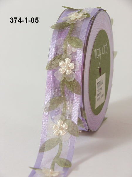 1 Inch Sheer / Floral Vine / Pearl Center Ribbon, Lavender - Scrapbooking Fairies