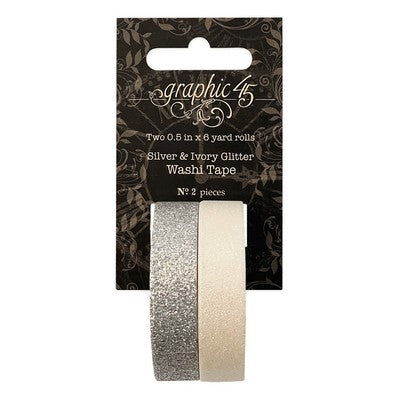 Graphic 45, Glitter Washi Tapes, Silver & Ivory