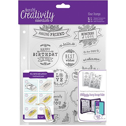Docraft, Creativity Essentials A5 Clear Stamp Set (16 Pack), Folk Sentiment - Scrapbooking Fairies