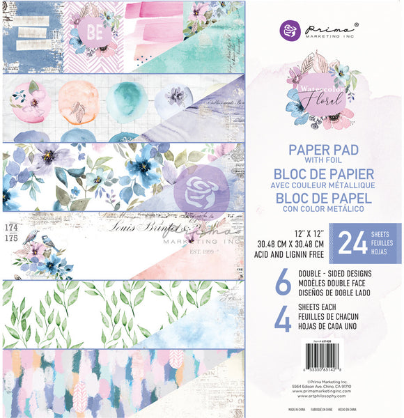 Prima Marketing Double-Sided Paper Pad 12"X12" 24/Pkg, Watercolor Floral, 6 Designs/4 Each