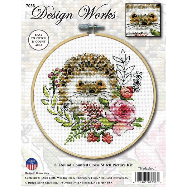 Design Works Crafts, Counted Cross Stitch Kit 8" Round, Hedgehog (11 Count)