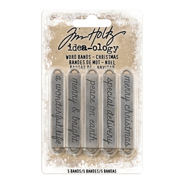 Tim Holtz Idea-Ology Metal, Word Bands .375"X2.375" 5/Pkg, Antique Nickel Christmas - Scrapbooking Fairies