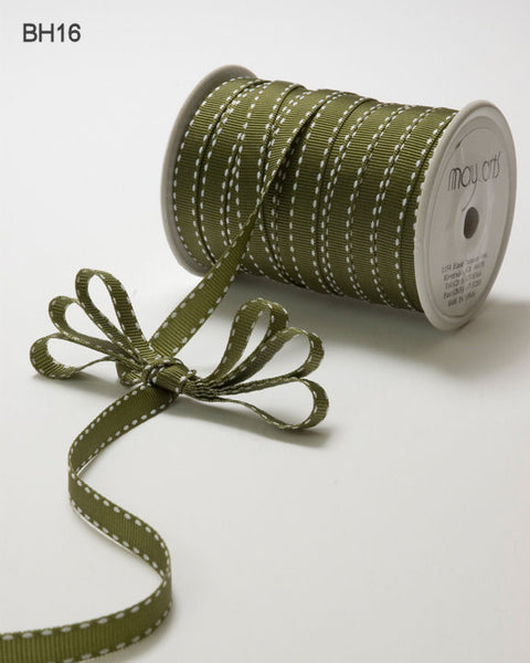 3/8 Inch Grosgrain Stitched Edge Ribbon, Olive/White Stitch - Scrapbooking Fairies