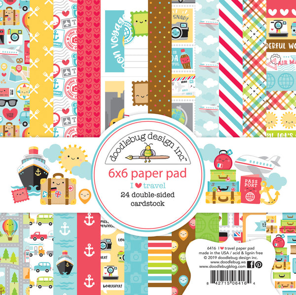 Doodlebug Design, Double-Sided Paper Pad 6"X6" 24/Pkg, I Heart Travel, 12 Designs/2 Each