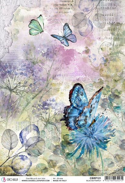 Ciao Bella Rice Paper Sheet A4, Blue Butterfly, Microcosmos