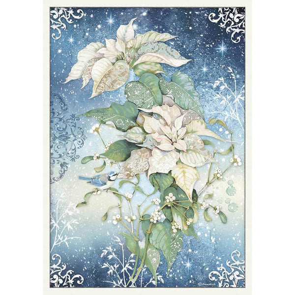 Stamperia A3 Rice Paper Sheet, 11.75"x16.5", Poinsettia White, Winter Tales
