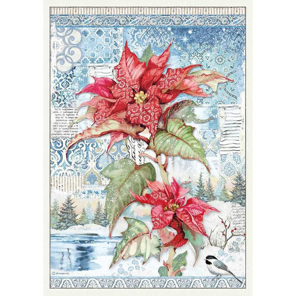 Stamperia A3 Rice Paper Sheet, 11.75"x16.5", Poinsettia Red, Winter Tales