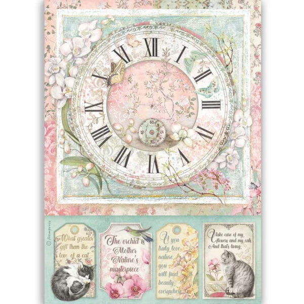 Stamperia Rice Paper Sheet A4, Orchids & Cats - Clock