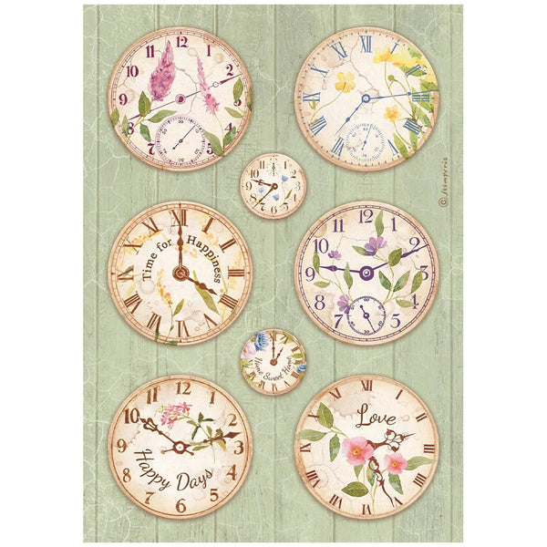 Stamperia Rice Paper Sheet A4, Create Happiness Welcome Home Clocks