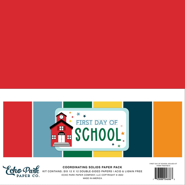 Echo Park Double-Sided Solid Cardstock 12"X12" 6/Pkg, First Day of School, 6 Colors