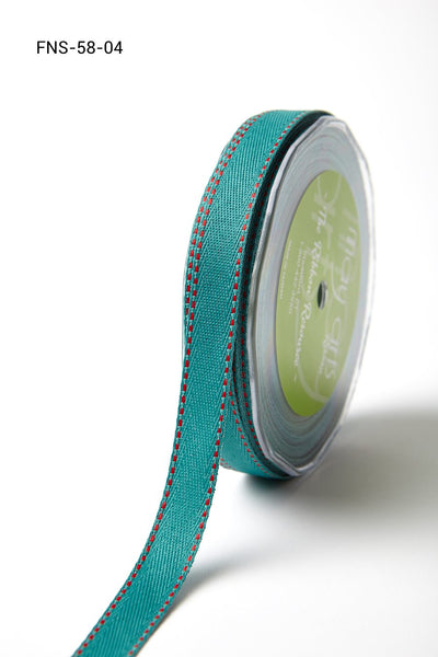 5/8 Inch Twill Ribbon w/ Red Stitched Edge Ribbon, Teal with Red Stitch - Scrapbooking Fairies