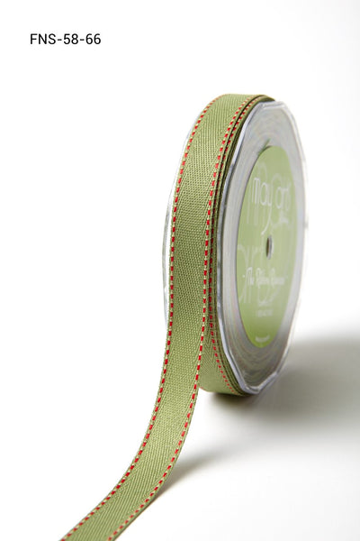 5/8 Inch Twill Ribbon w/ Red Stitched Edge Ribbon, Sage Green with Red Stitch - Scrapbooking Fairies