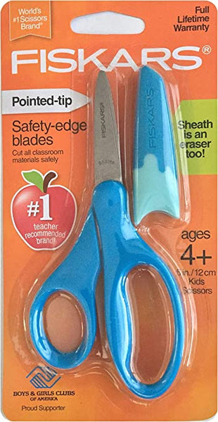 Fiskars, Pointed-Tip with Sheath Kids Scissors, 5 in. (Ages 4+), Assorted Colors