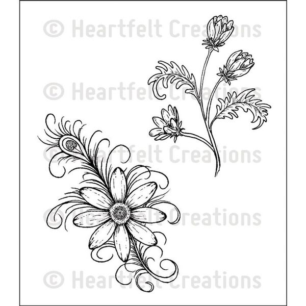 Heartfelt Creations, Peacock Paisley Collection, Cling Stamp Set, Feathered Daisy