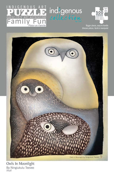 Canadian Art Prints, Indigenous Art Puzzle, 500 pcs., Owls in Moonlight by Ningiukulu Teevee, Inuit