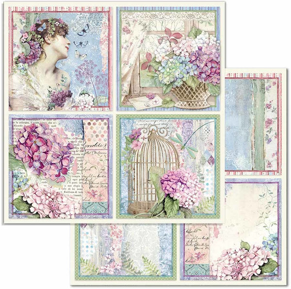 Stamperia Double-Sided Cardstock 12"X12", 4 Cards, Hortensia