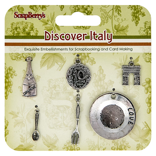 ScrapBerry's, Discover Italy Metal Charms Set, Silver Wine, Metal, Arch, Plate, etc.