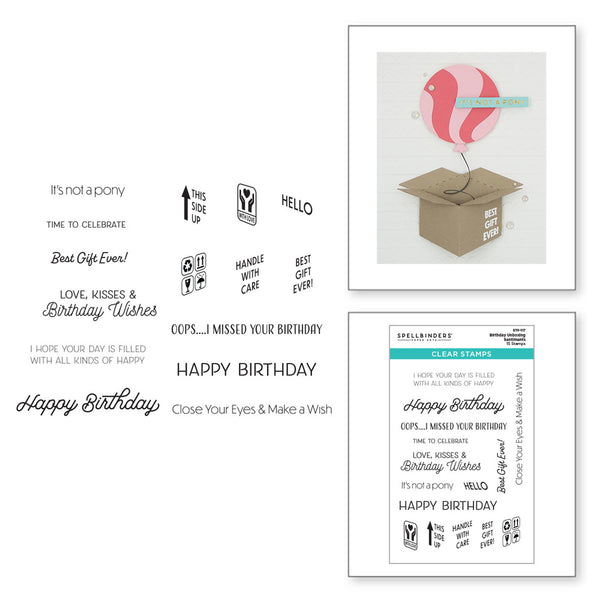 Spellbinders Clear Acrylic Stamps, From The Birthday Celebrations Collection, Birthday Unboxing Sentiments (STP-117)