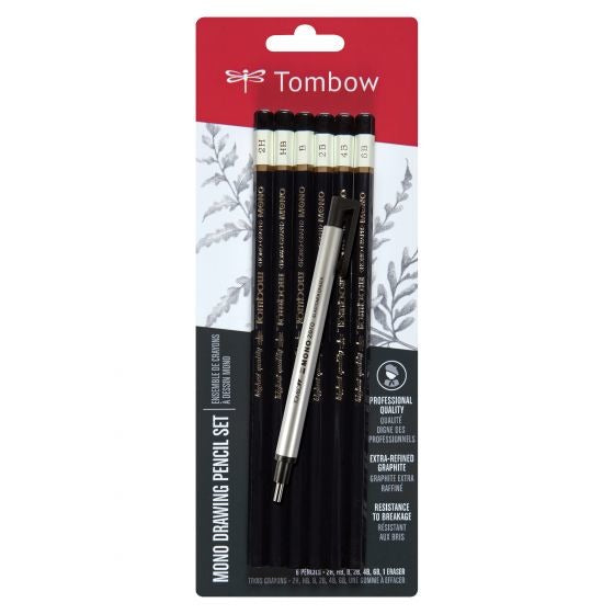 Tombow MONO Drawing Pencils 6/Pkg & Eraser Set, 2H, HB, B, 2B, 4B & 6B